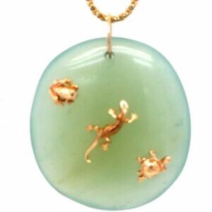 14K Large Whimsical Amphibian Frog Newt Turtle Jade Lily Pad Pendant